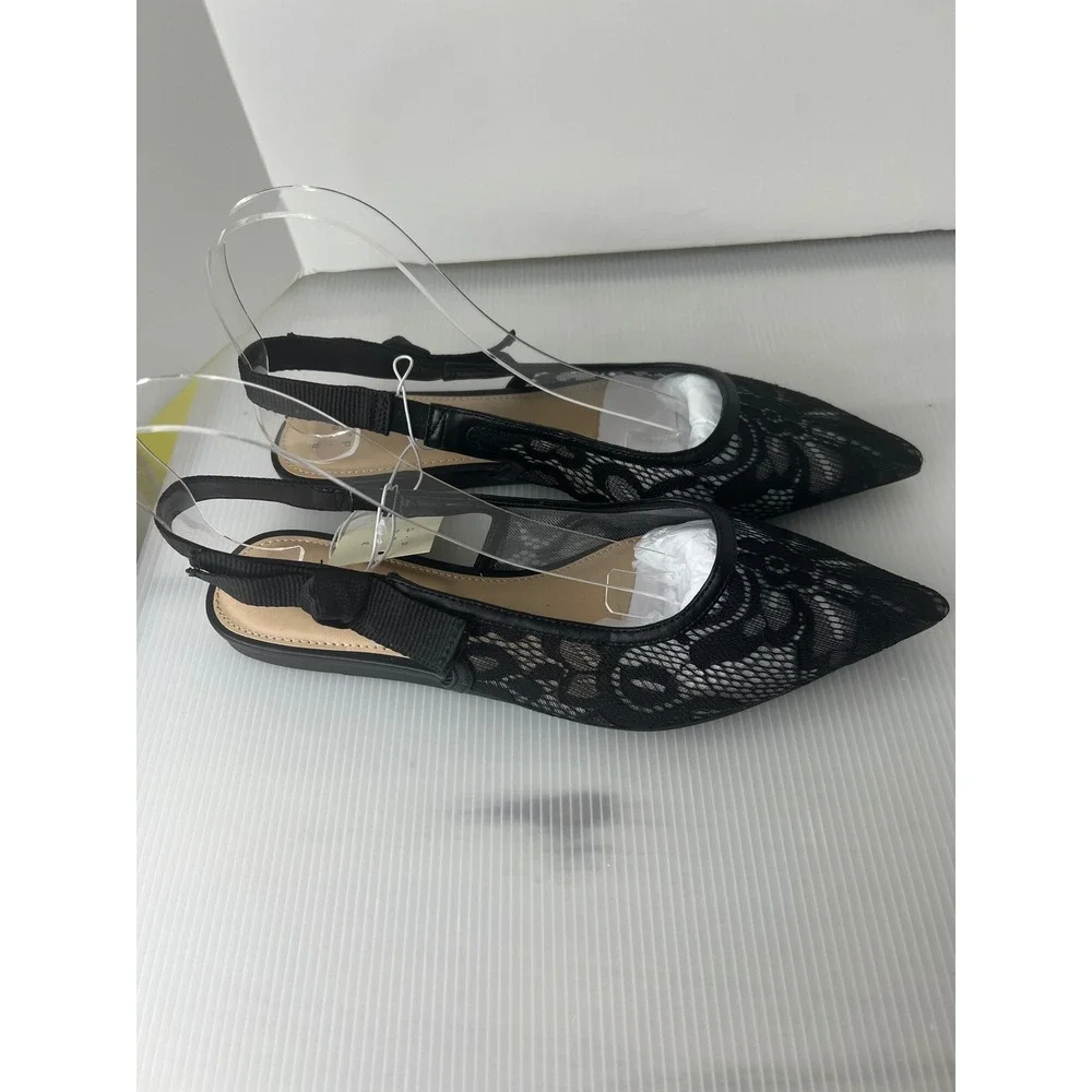 A New Day Womens Black Lace Slingback Flats Pointed Toe Bow Detail‎ Size 9 NWT